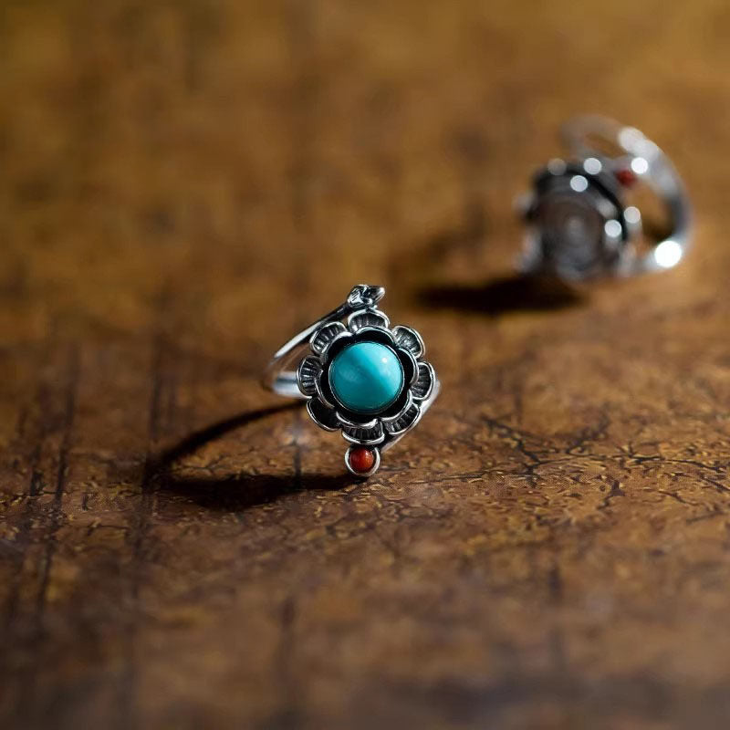 Vintage Tibetan Inspired Lotus Statement 925 Sterling Silver Ring