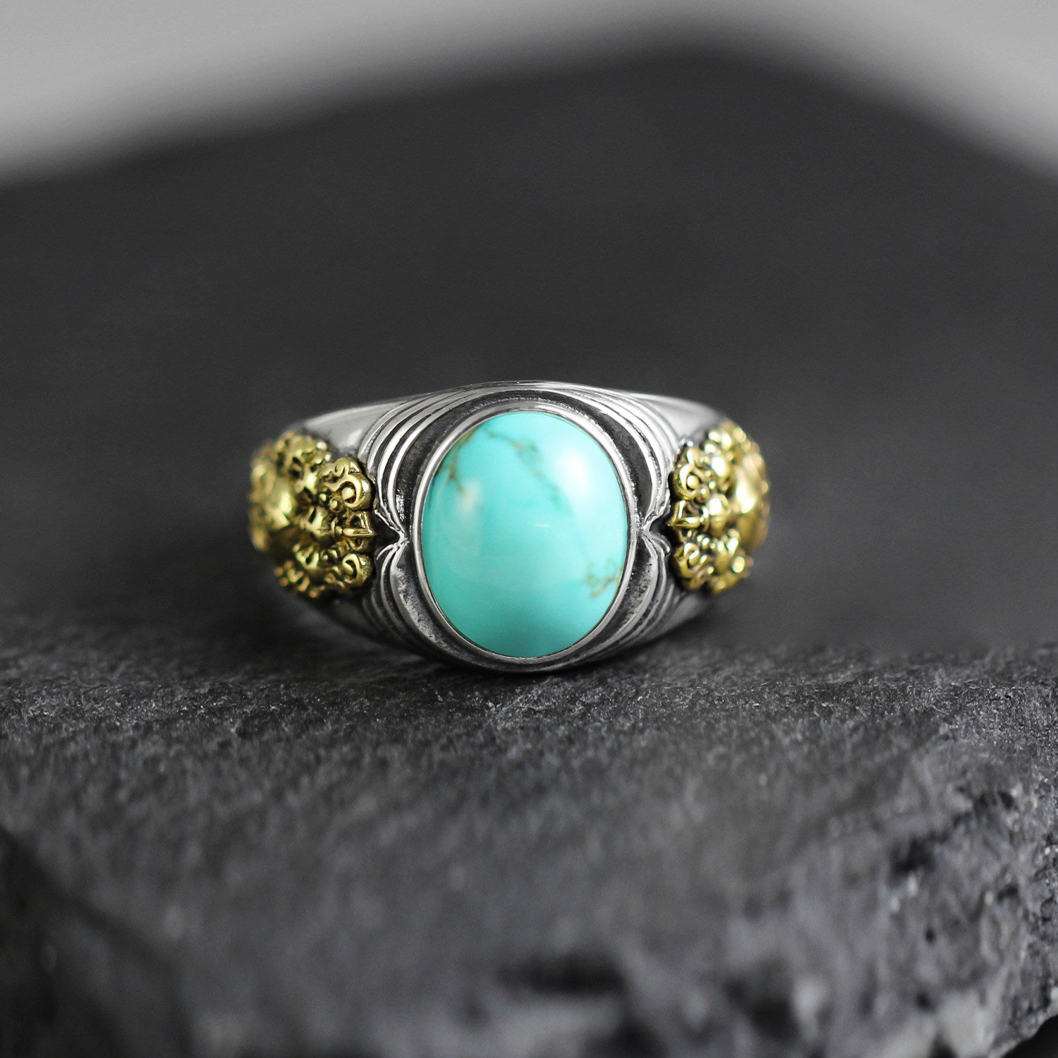Eastern Myth Two‑Tone Turquoise Signet Ring 925 Sterling Silver