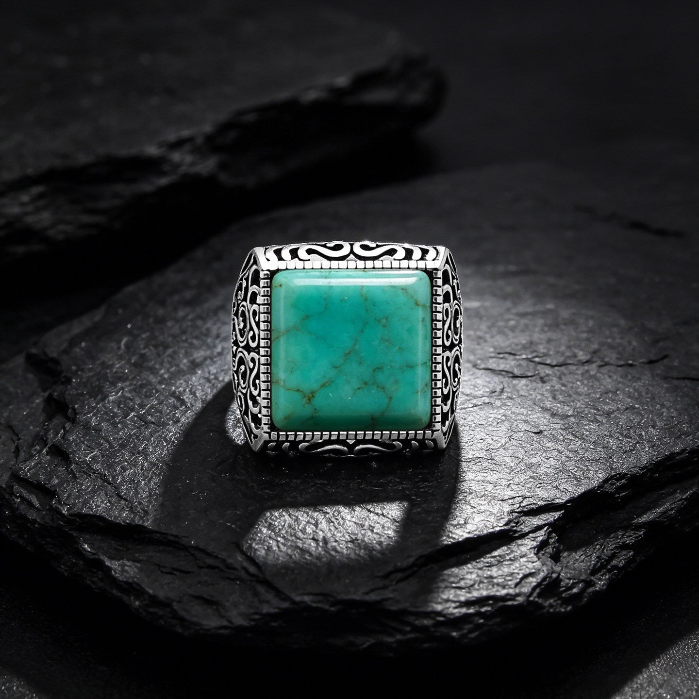 Vintage Filigree Square Turquoise 925 Sterling Silver Ring