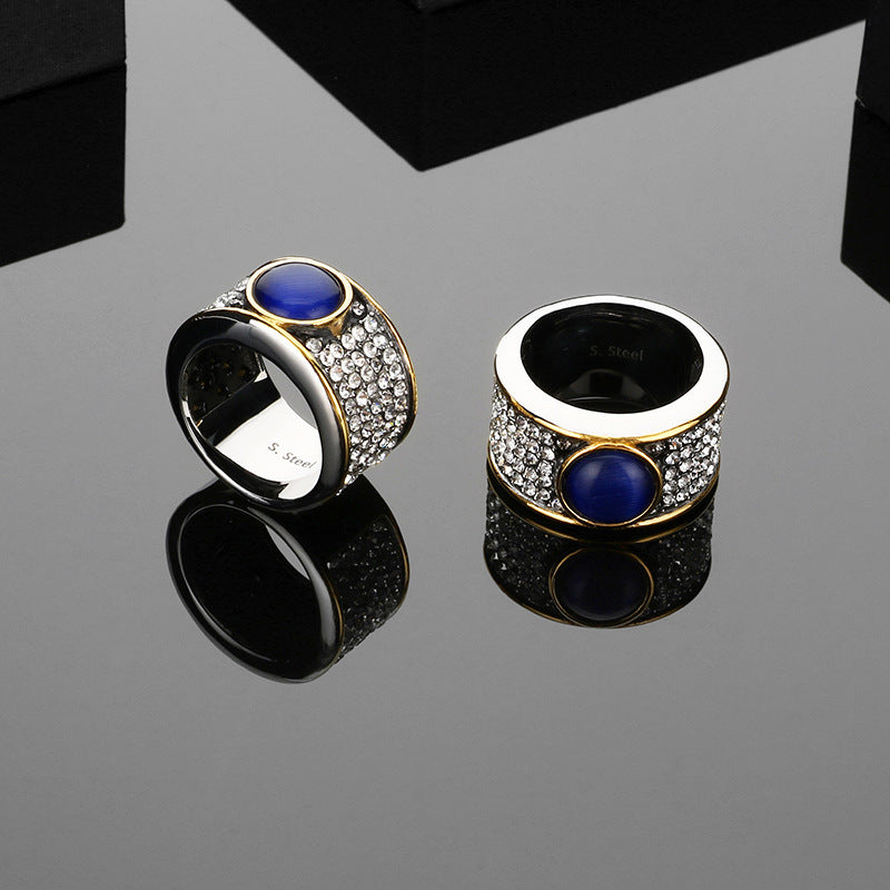 Blue Cat Eye Pave Stainless Steel Ring