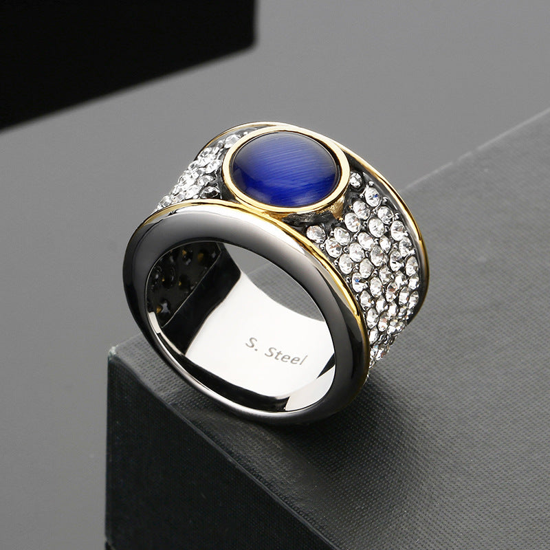 Blue Cat Eye Pave Stainless Steel Ring