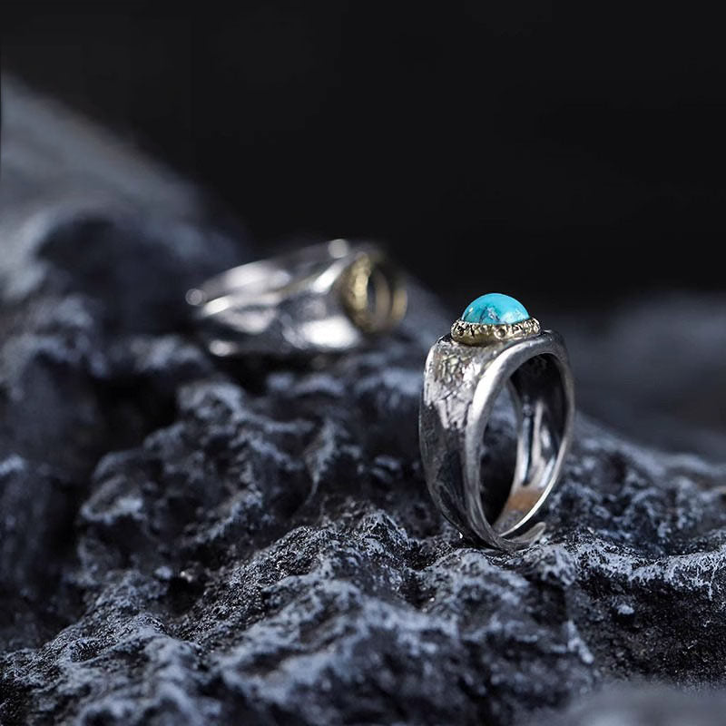 925 Sterling Silver Meteorite Textured Turquoise Signet Ring