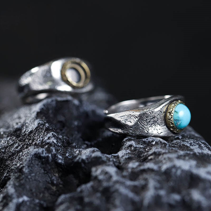 925 Sterling Silver Meteorite Textured Turquoise Signet Ring