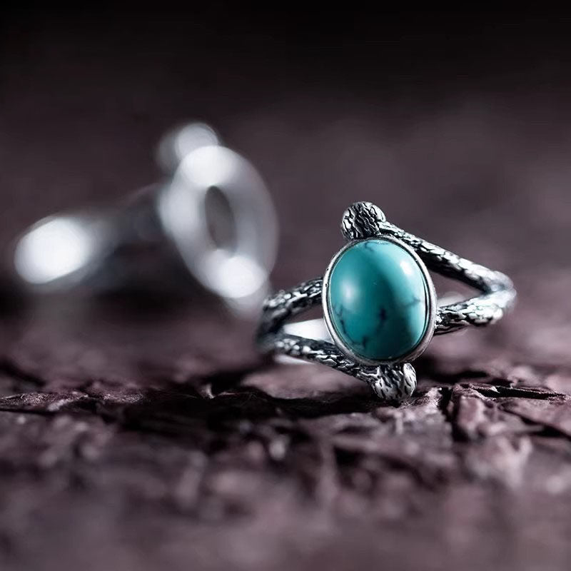925 Sterling Silver Ring with Oval Matrix Turquoise and Twig Band