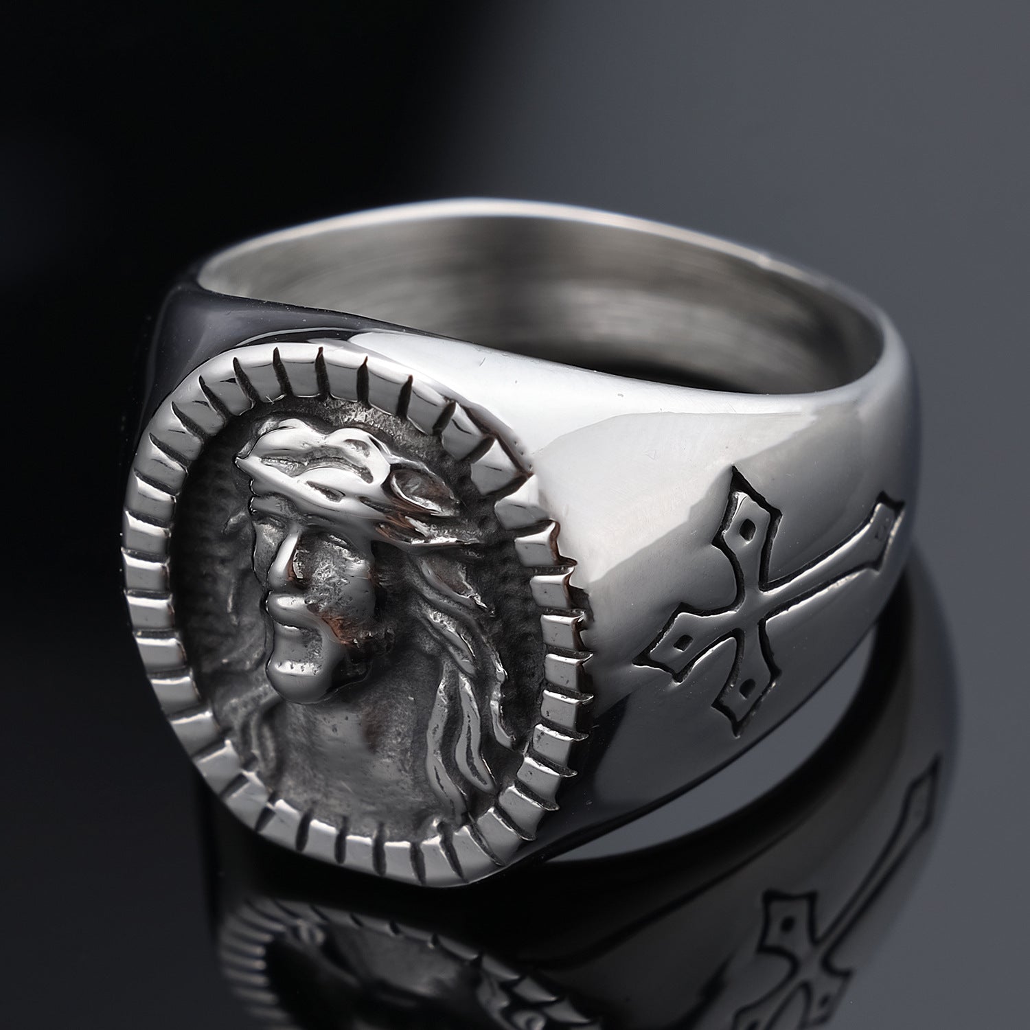 Anello Croce Salvatore Gesù in Acciaio Inossidabile