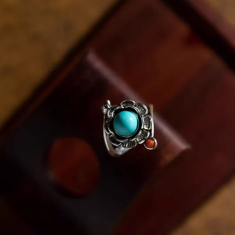 Vintage Tibetan Inspired Lotus Statement 925 Sterling Silver Ring