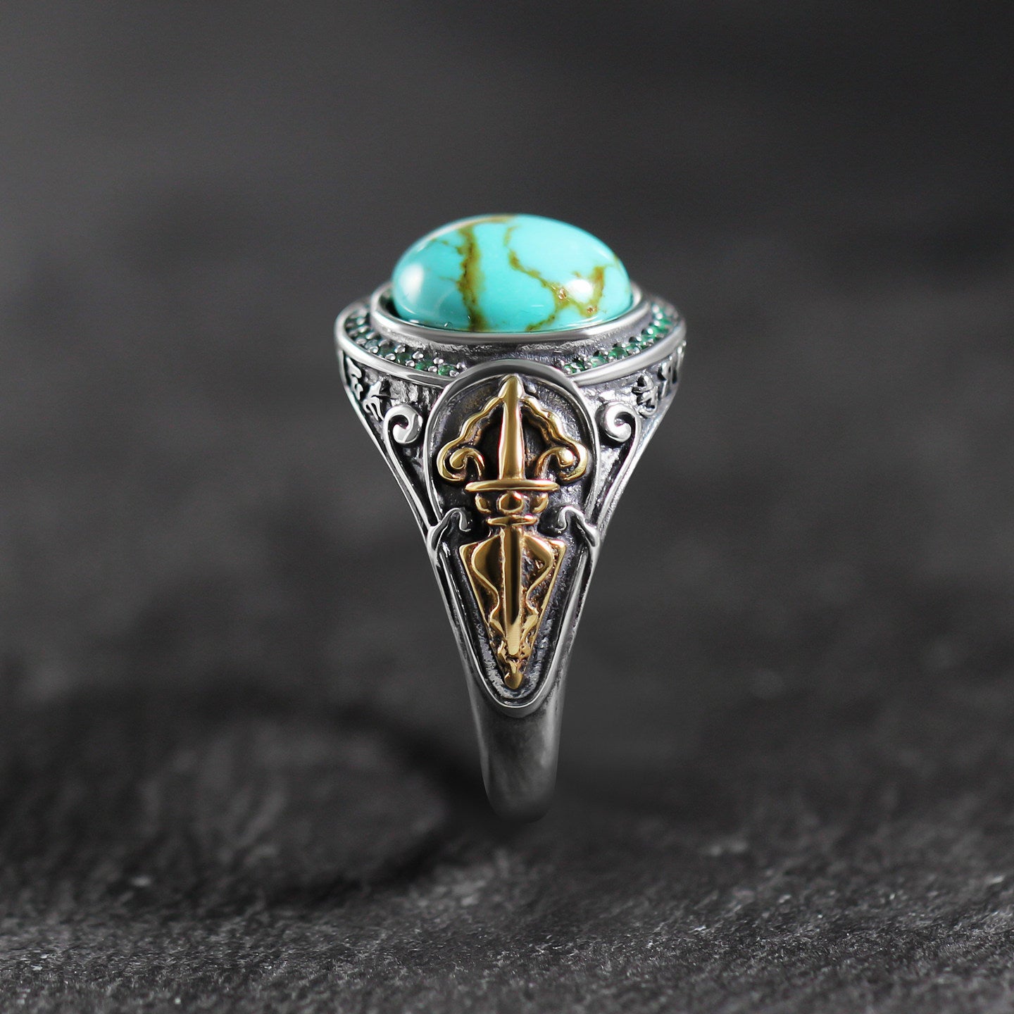925 Sterling Silver Cross‑Sword Turquoise Signet Ring