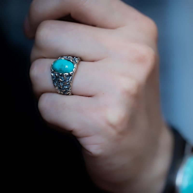 Oval Turquoise with Crushed Rock Setting 925 Sterling Silver Ring