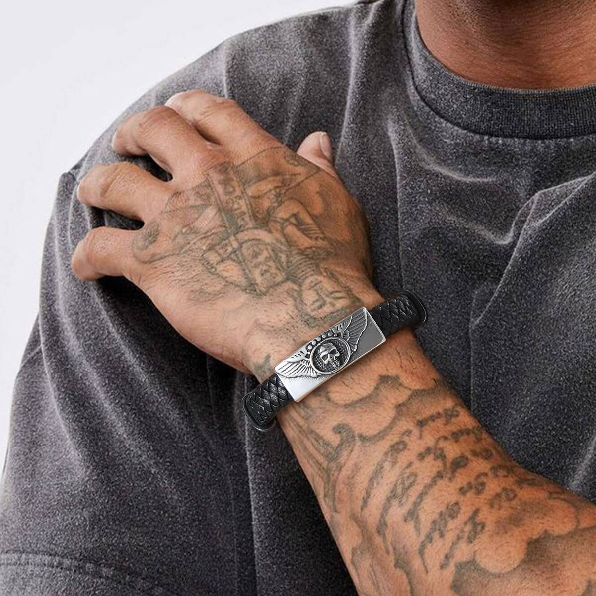 Custom Leather Skull Wing Bracelet