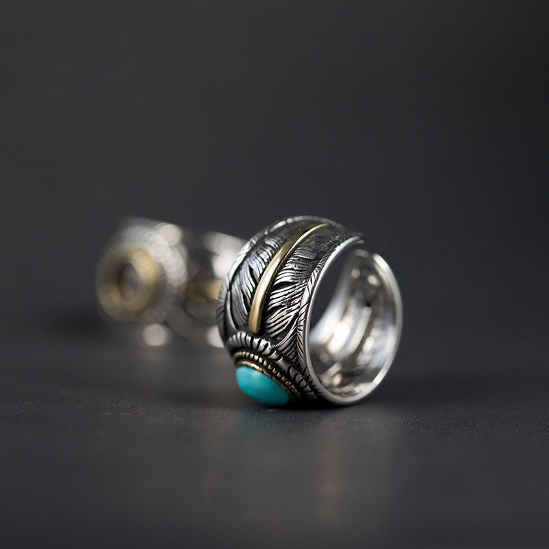 Vintage Indian Engraved Feather Natural Turquoise Ring
