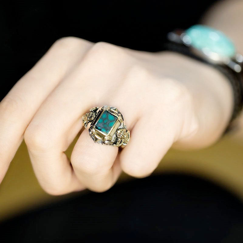 925 Sterling Silver Ring with Antiqued Tibetan Deity Turquoise Statement