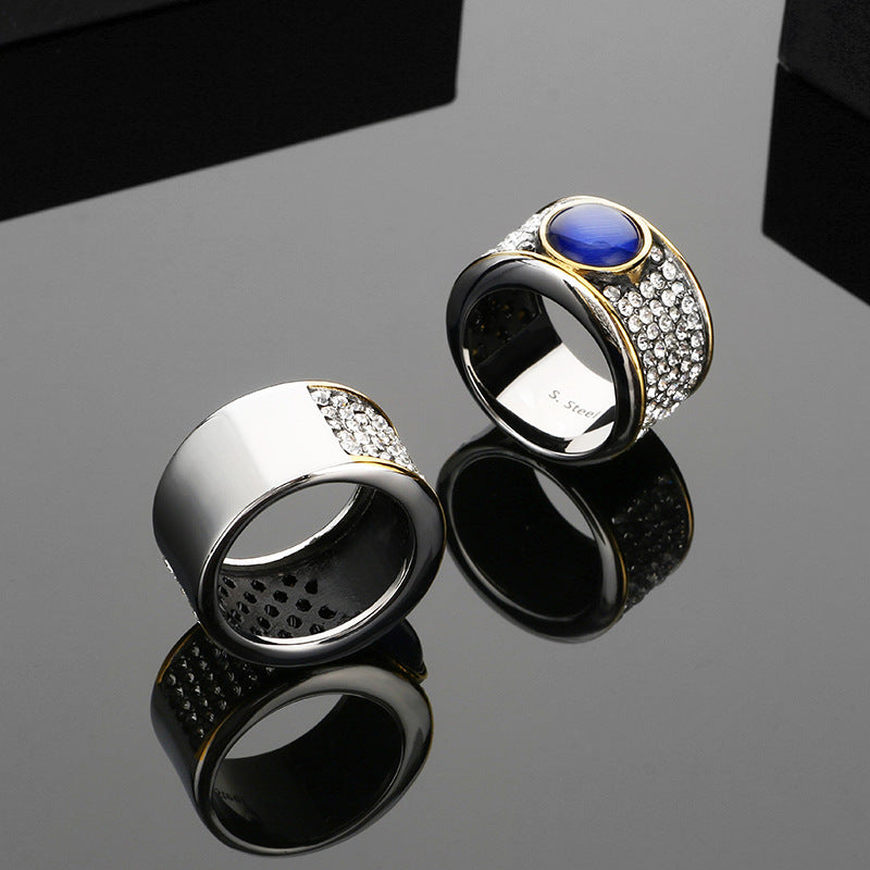 Blue Cat Eye Pave Stainless Steel Ring