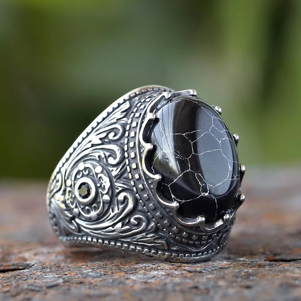 Vintage Floral Carved Black Cracked Stone Stainless Steel Ring