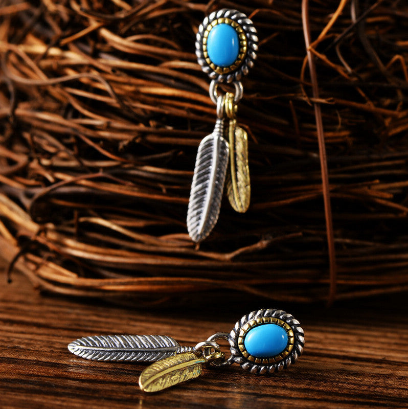 Indian Feather Inlaid Turquoise Earrings