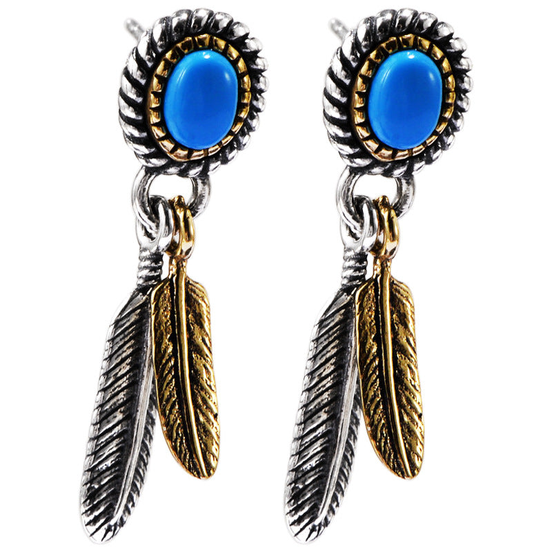 Indian Feather Inlaid Turquoise Earrings