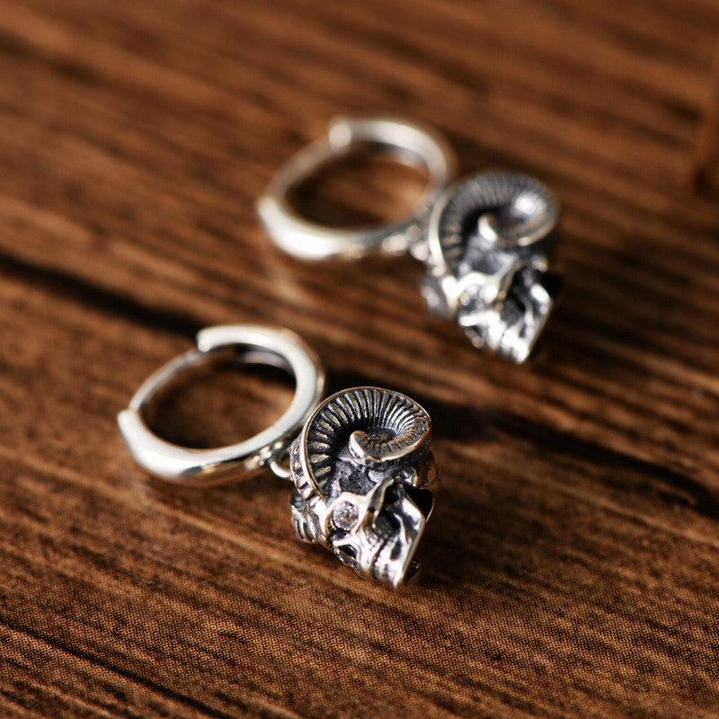 Goat Horn Skull Hoop Earrings