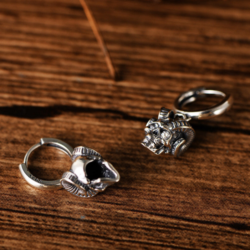 Goat Horn Skull Hoop Earrings