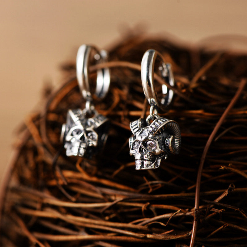 Goat Horn Skull Hoop Earrings