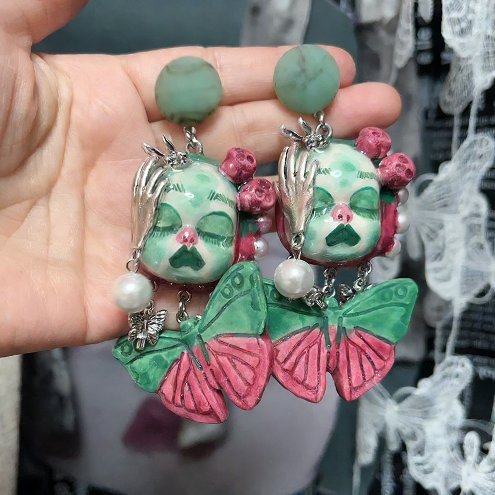 Green and Pink Butterfly Claw Freak Baby Earrings