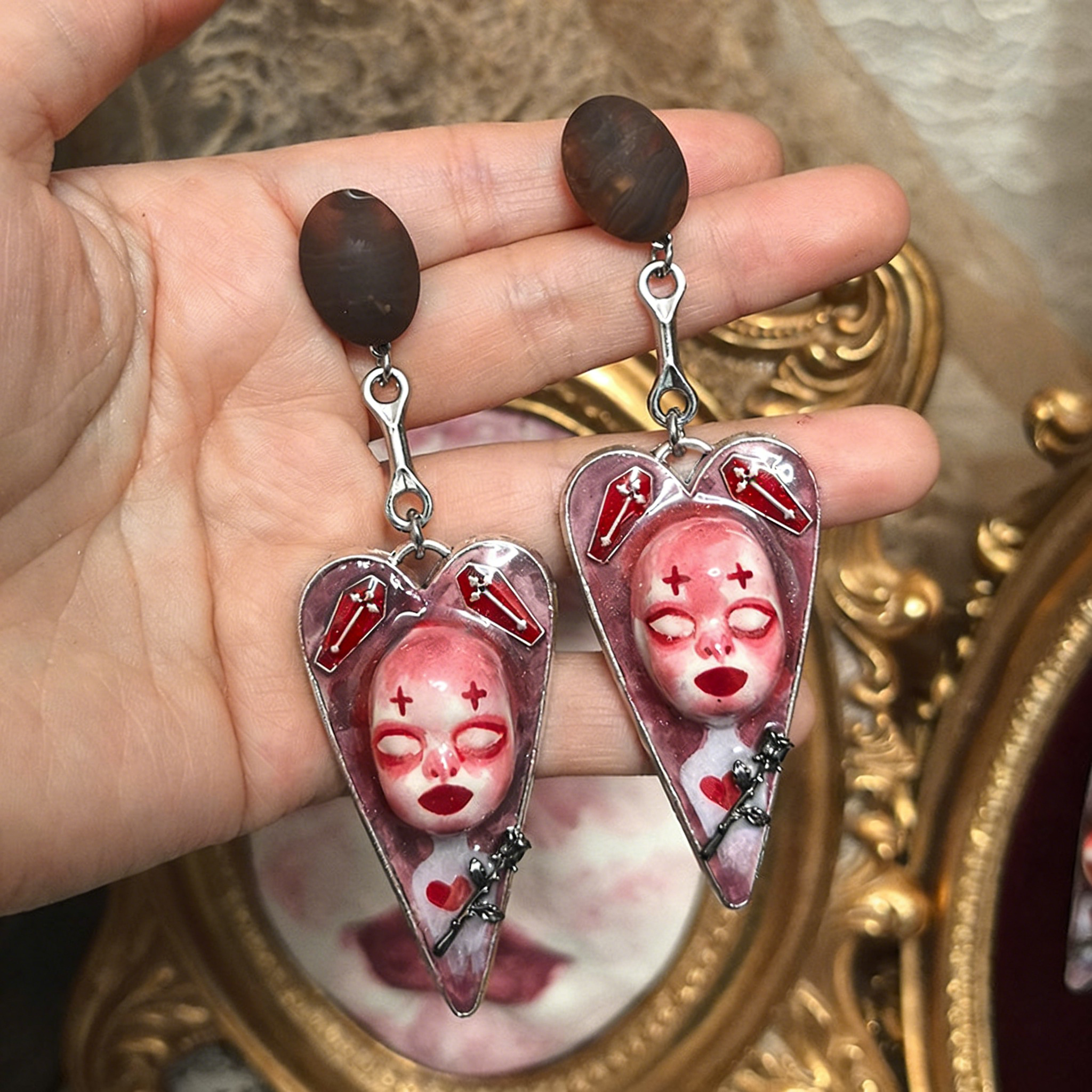 Bloody Coffin Rose Heart Earrings