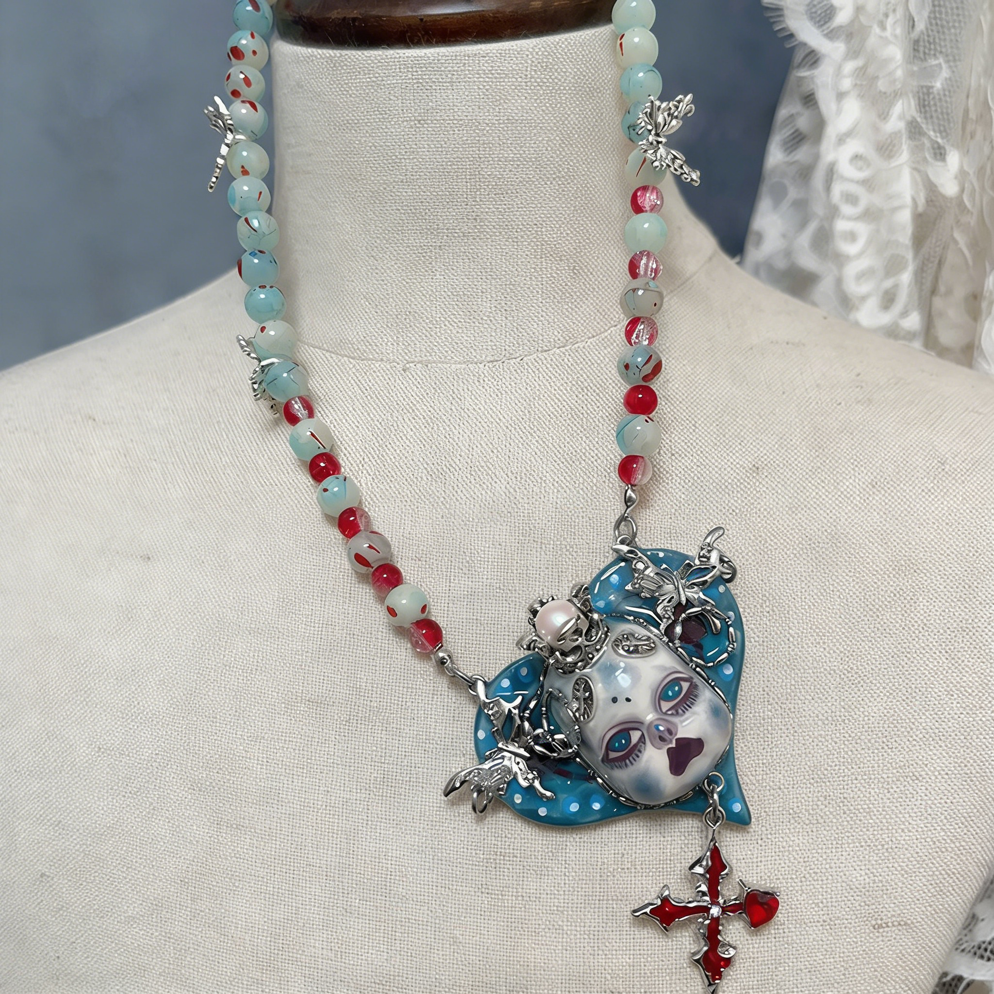 Blue Heart Puppet Gothic Doll Necklace