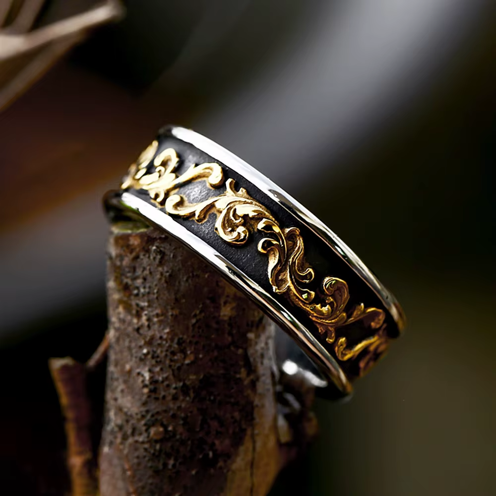 Vintage Gold Floral Scroll Wide Band Stainless Steel Ring