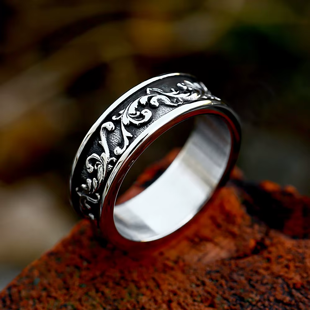 Vintage Gold Floral Scroll Wide Band Stainless Steel Ring