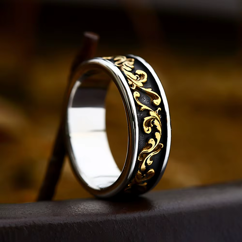 Vintage Gold Floral Scroll Wide Band Stainless Steel Ring