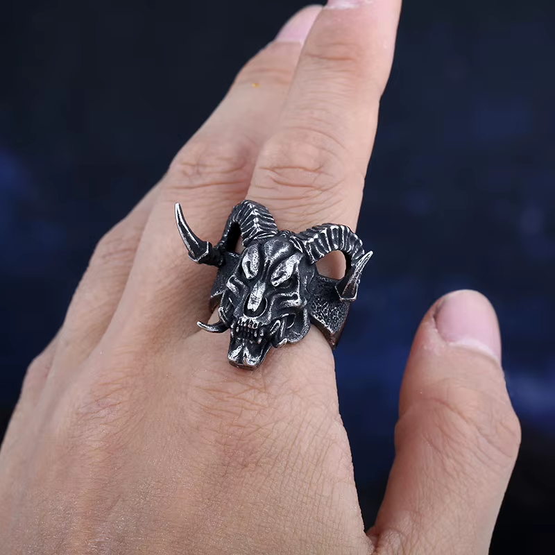Goat Skull Horned Stainless Steel Ring