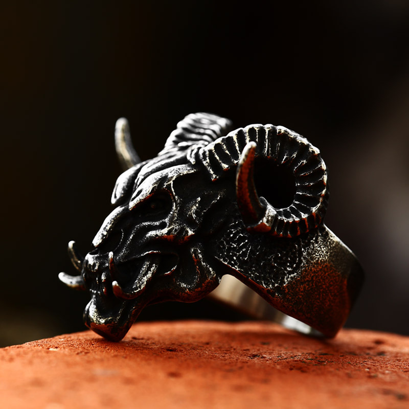 Goat Skull Horned Stainless Steel Ring