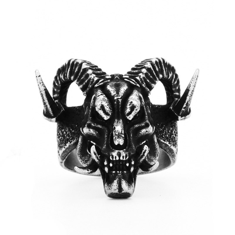 Goat Skull Horned Stainless Steel Ring