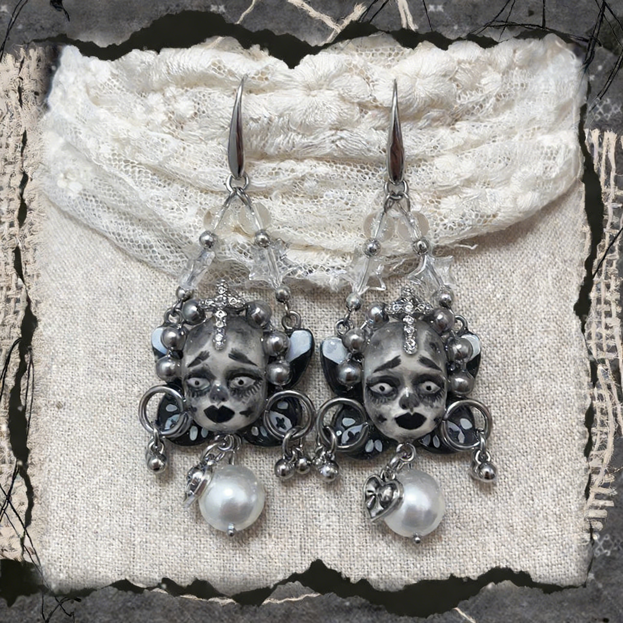 Black and White Cross Heart Freak Baby Earrings