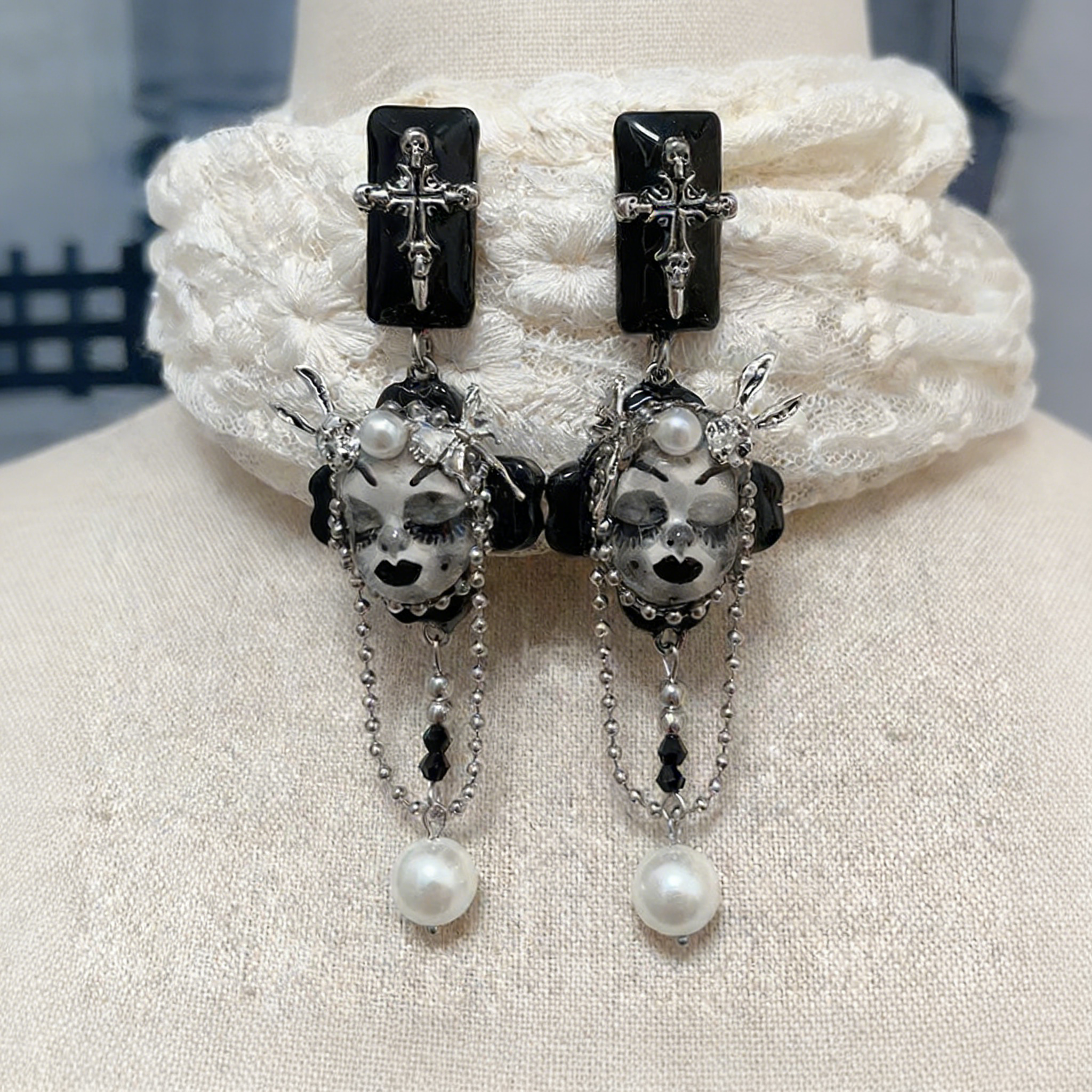 Skull Bunny Cross Earrings