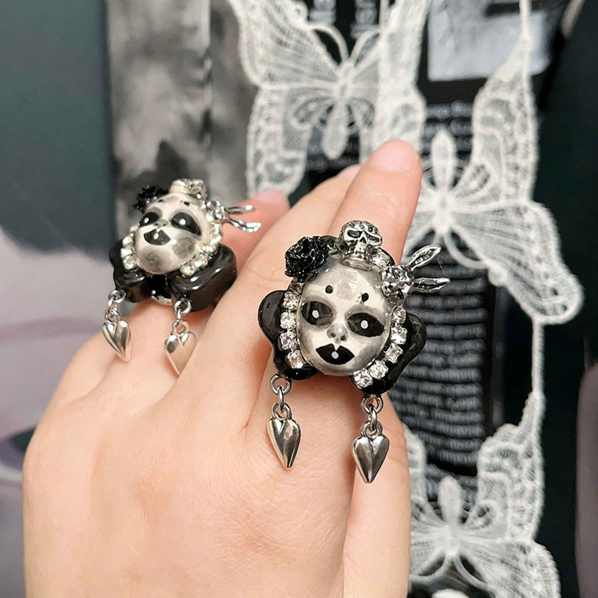 Black and White Skull Bunny Rose Ring
