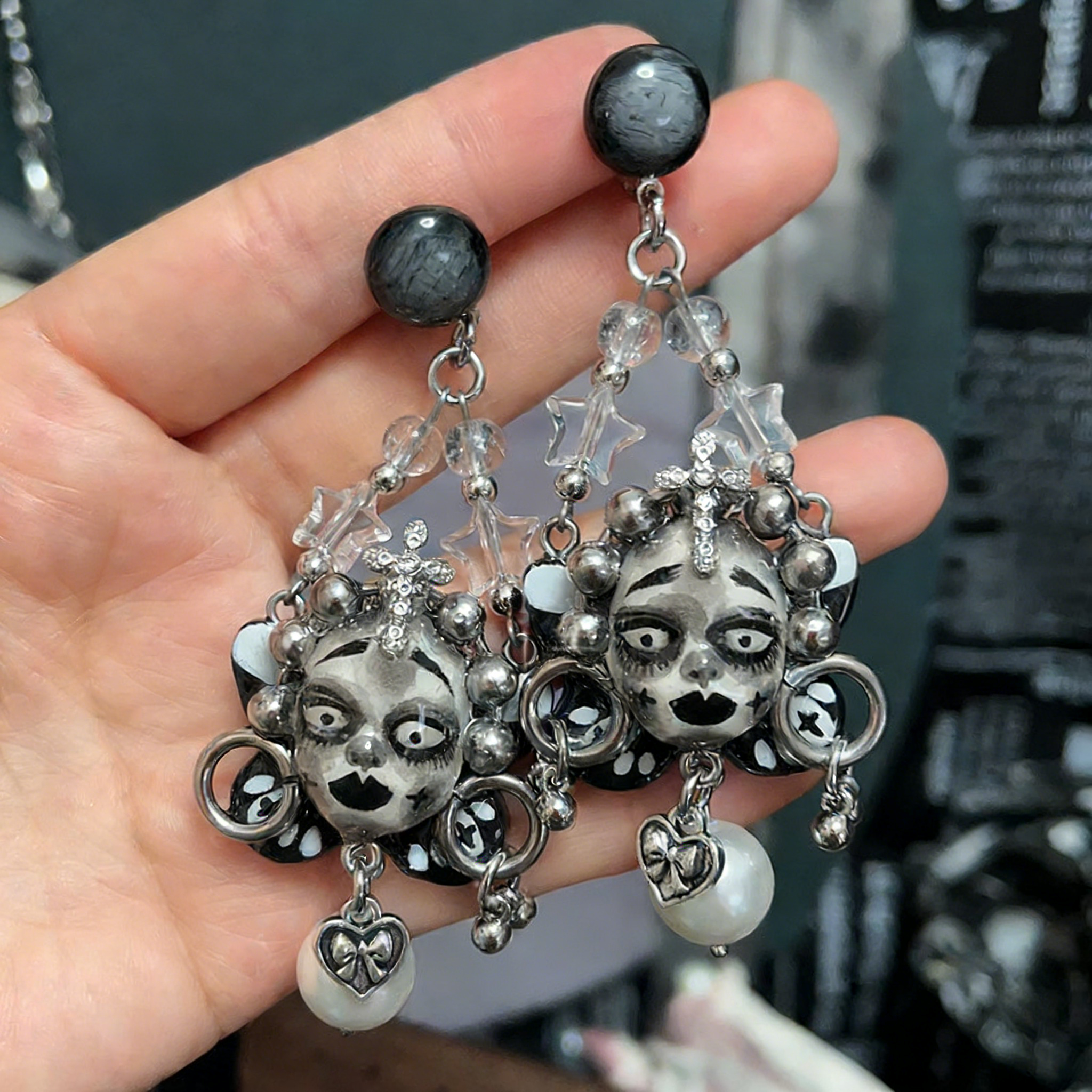 Black and White Cross Heart Freak Baby Earrings