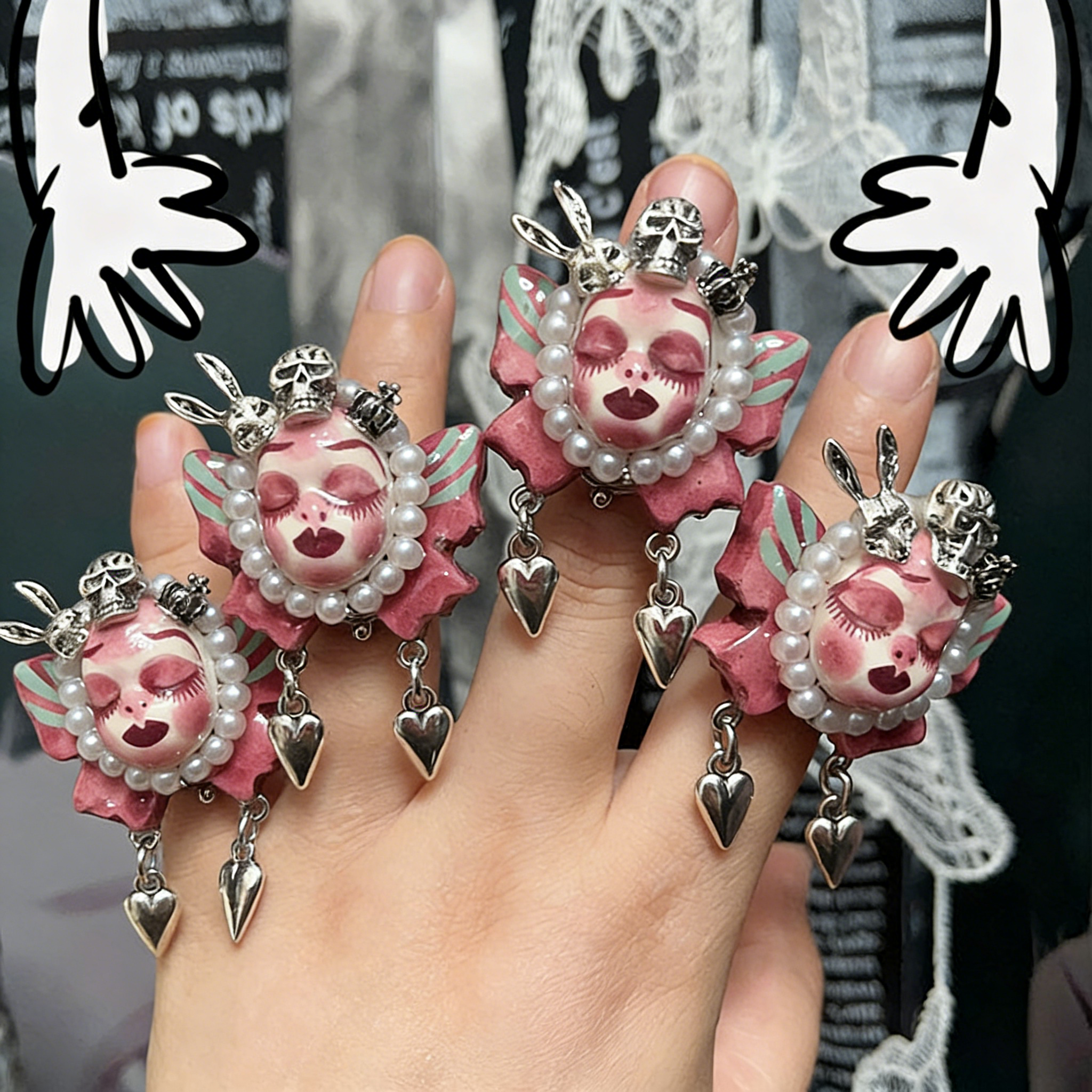 Pink Butterfly Bunny Skull Ring