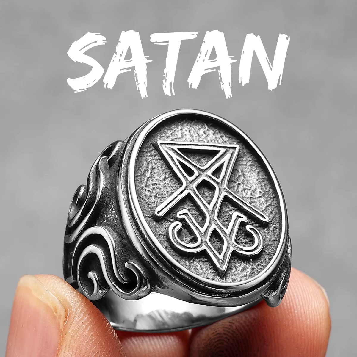Sigil of Lucifer Scrollwork Stainless Steel Ring