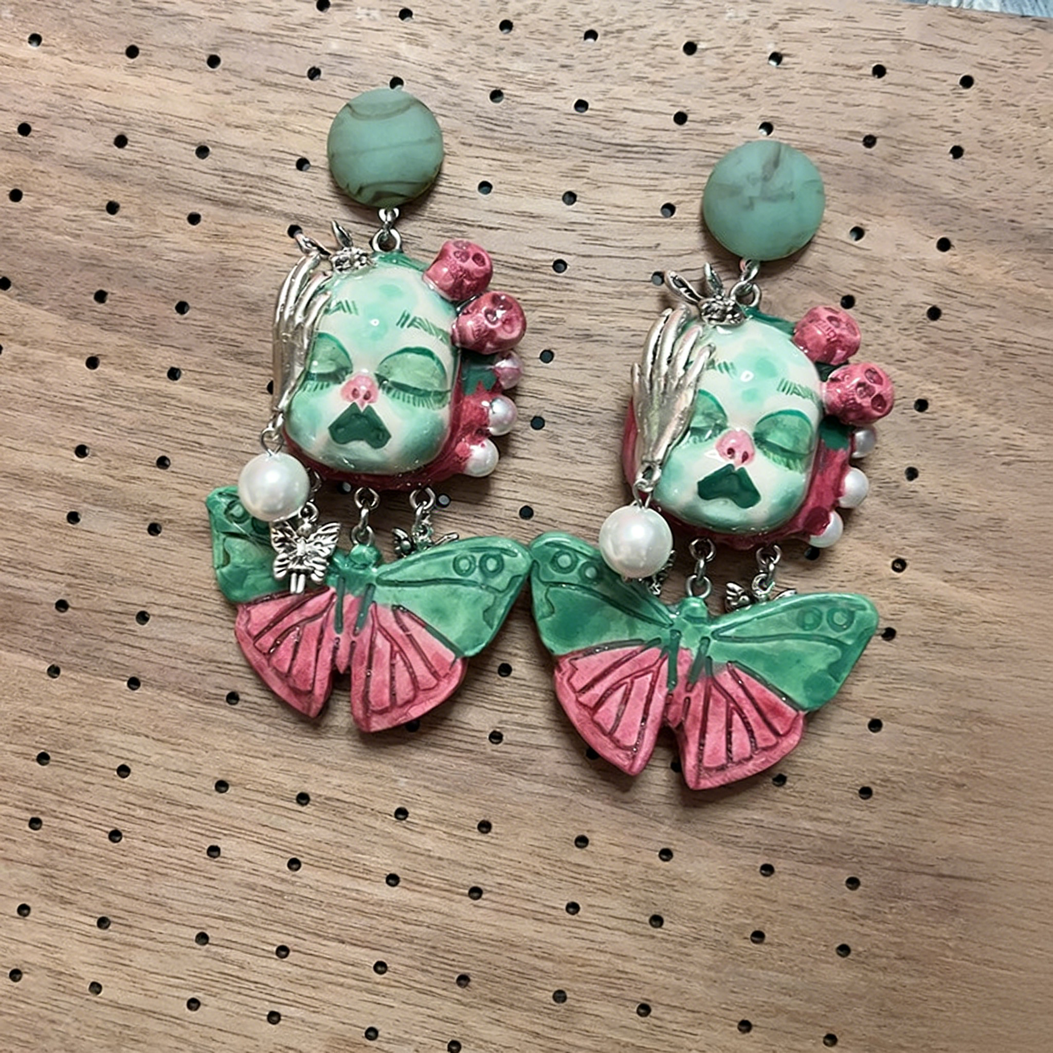 Green and Pink Butterfly Claw Freak Baby Earrings