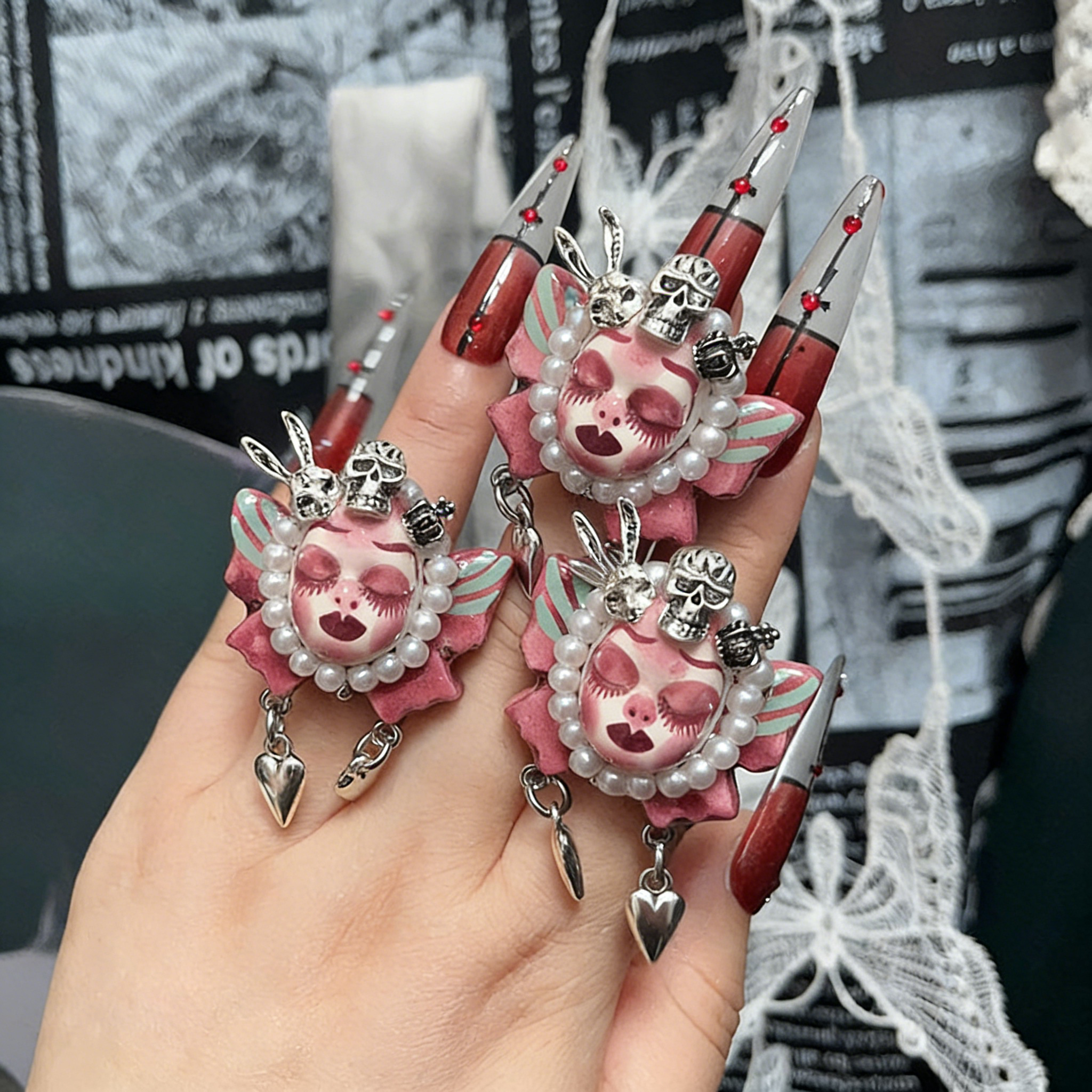 Pink Butterfly Bunny Skull Ring