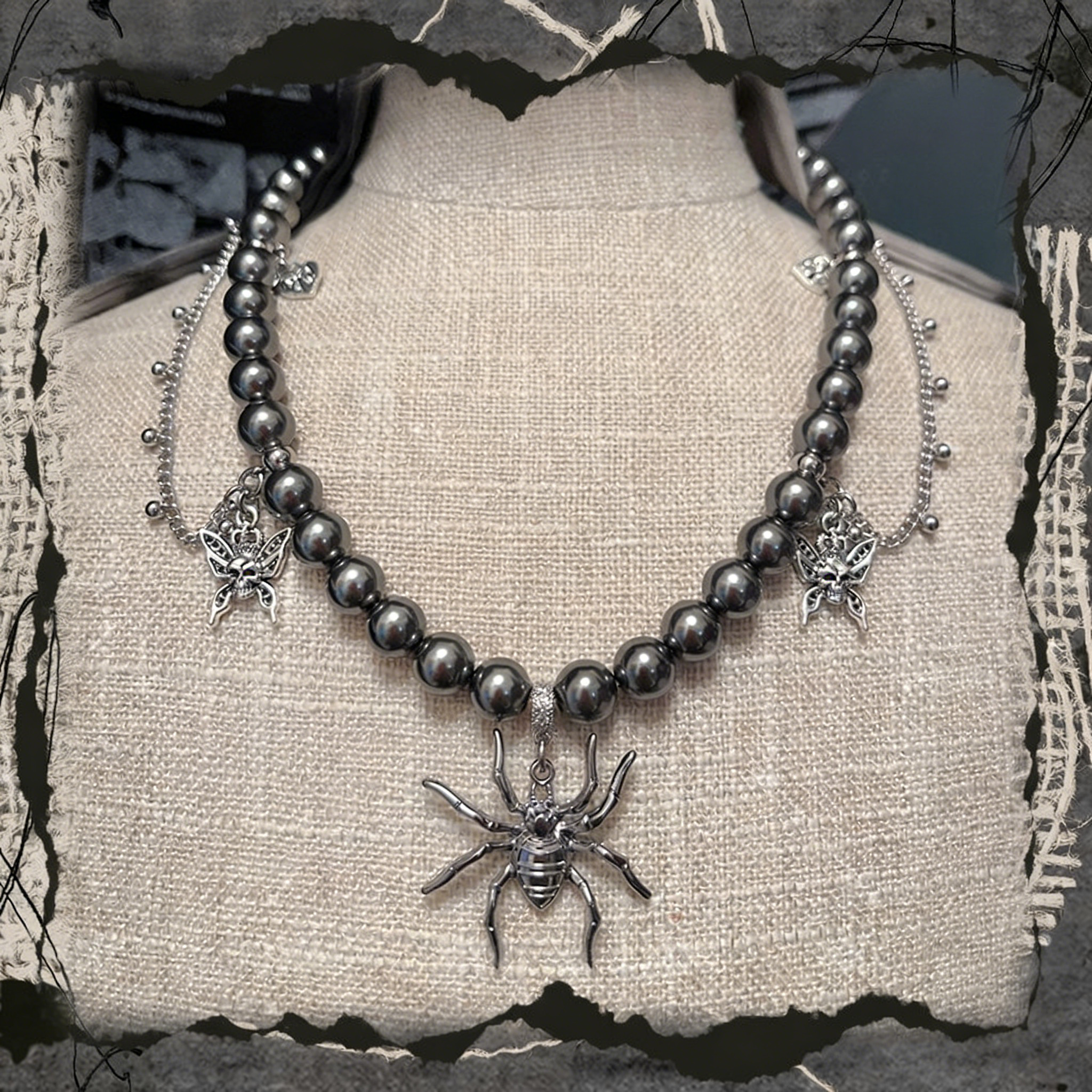 Black Spider Silver Wing Necklace