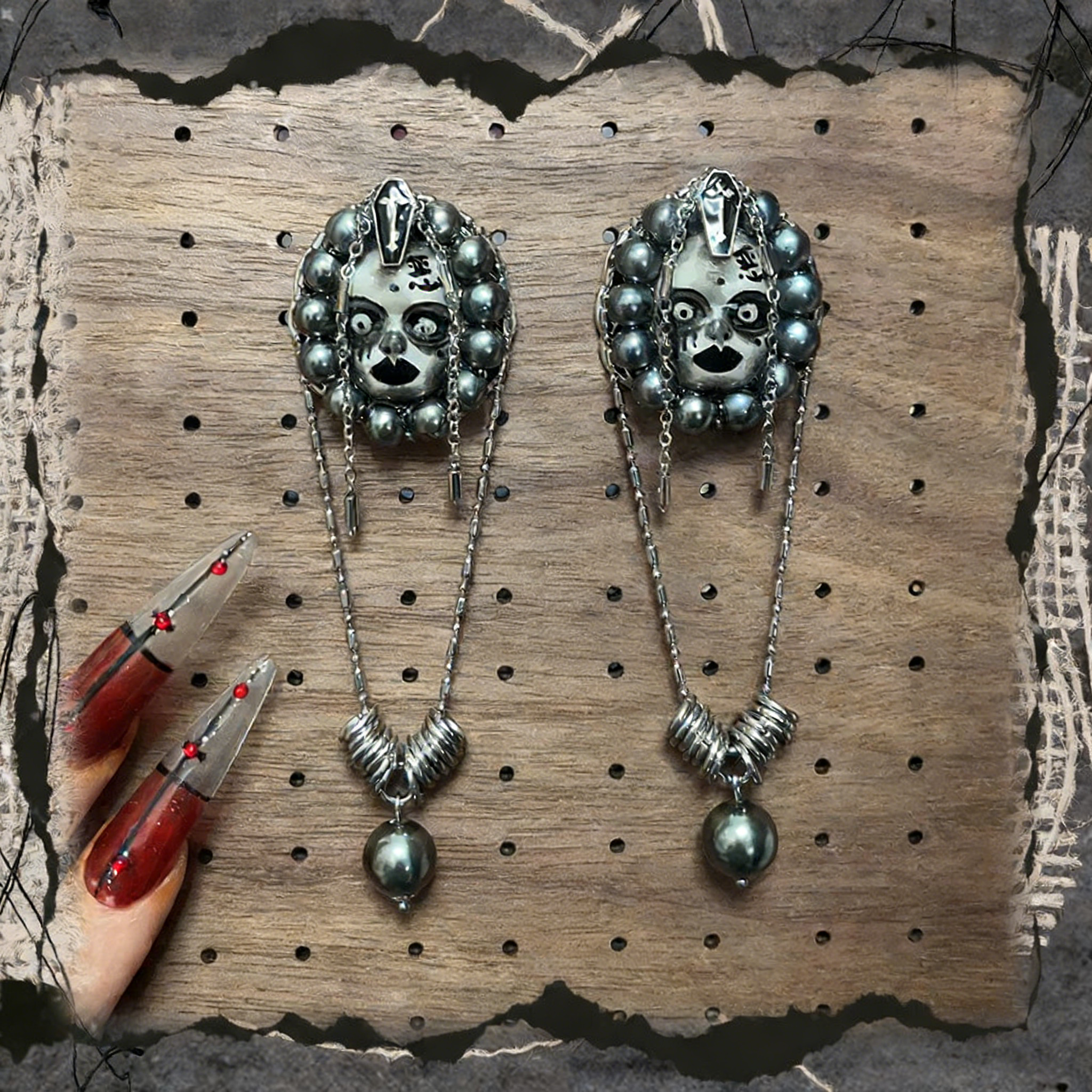 Evil Face Beaded Chain Earrings