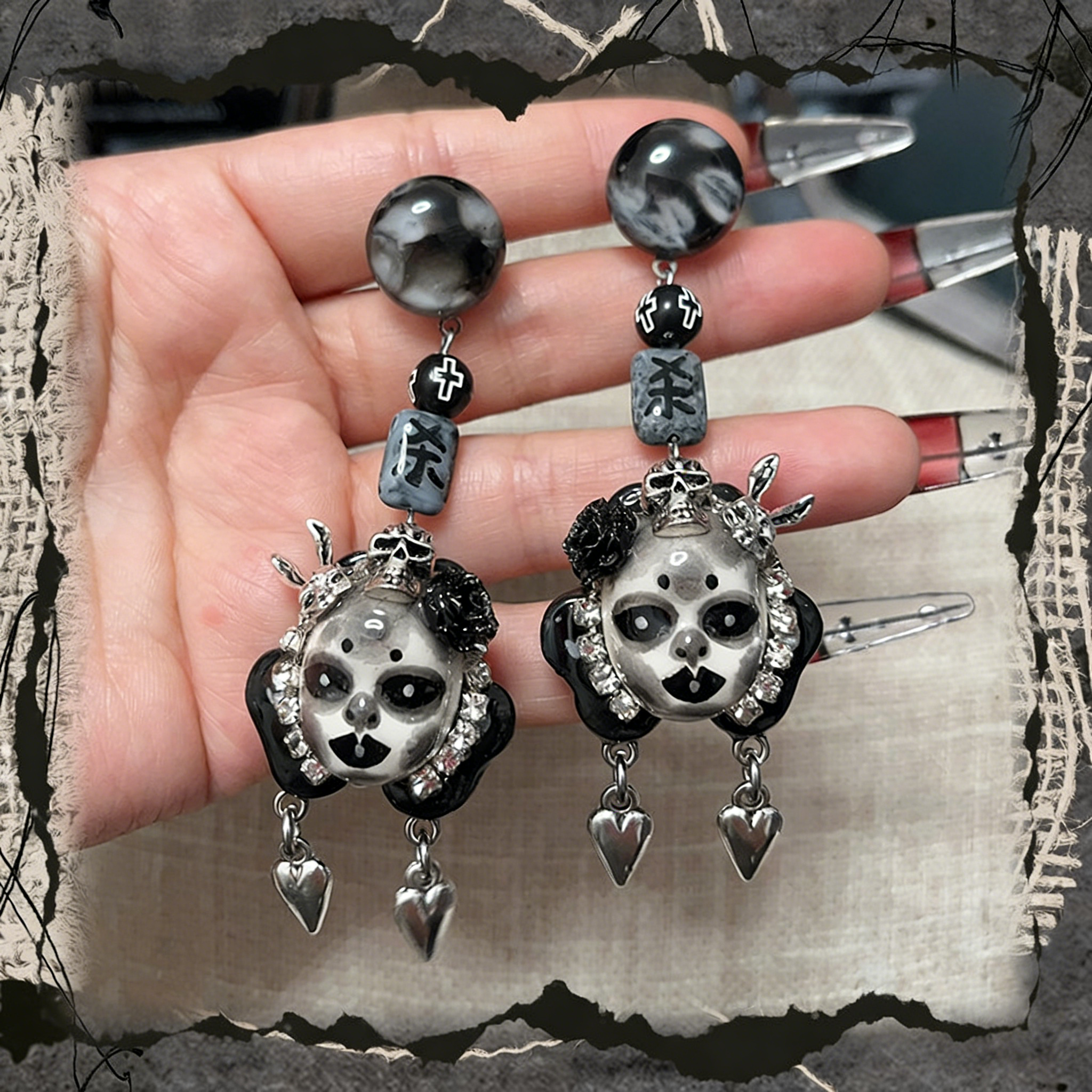 Black and White Killing Heart Freak Baby Earrings