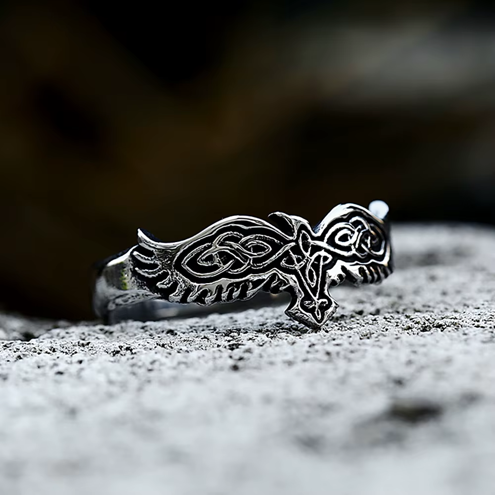 Viking Celtic Knot Raven Stainless Steel Slim Ring