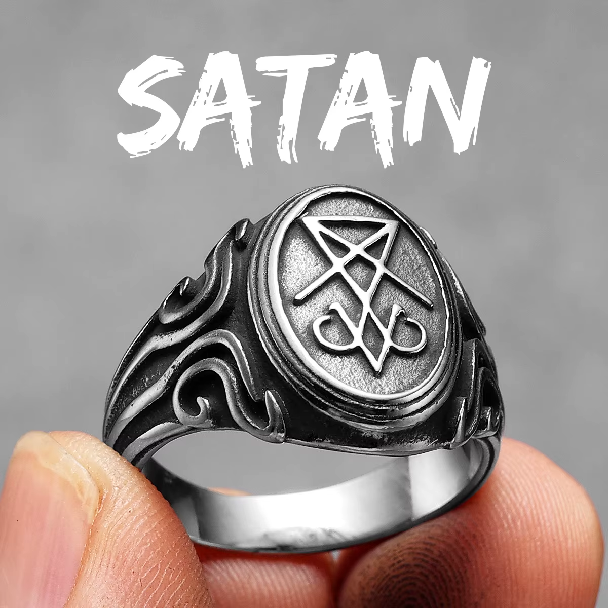 Sigil of Lucifer Scrollwork Stainless Steel Ring