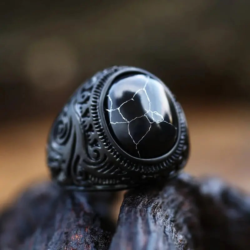 Black Turquoise Stainless Steel Ring - Vrafi Jewelry