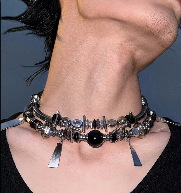 Black Bile Stone Titanium Steel Beaded Clavicle Necklace