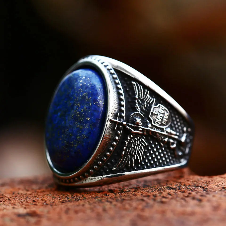 Blue Zircon St. Michael Religious Stainless Steel Ring - Vrafi Jewelry