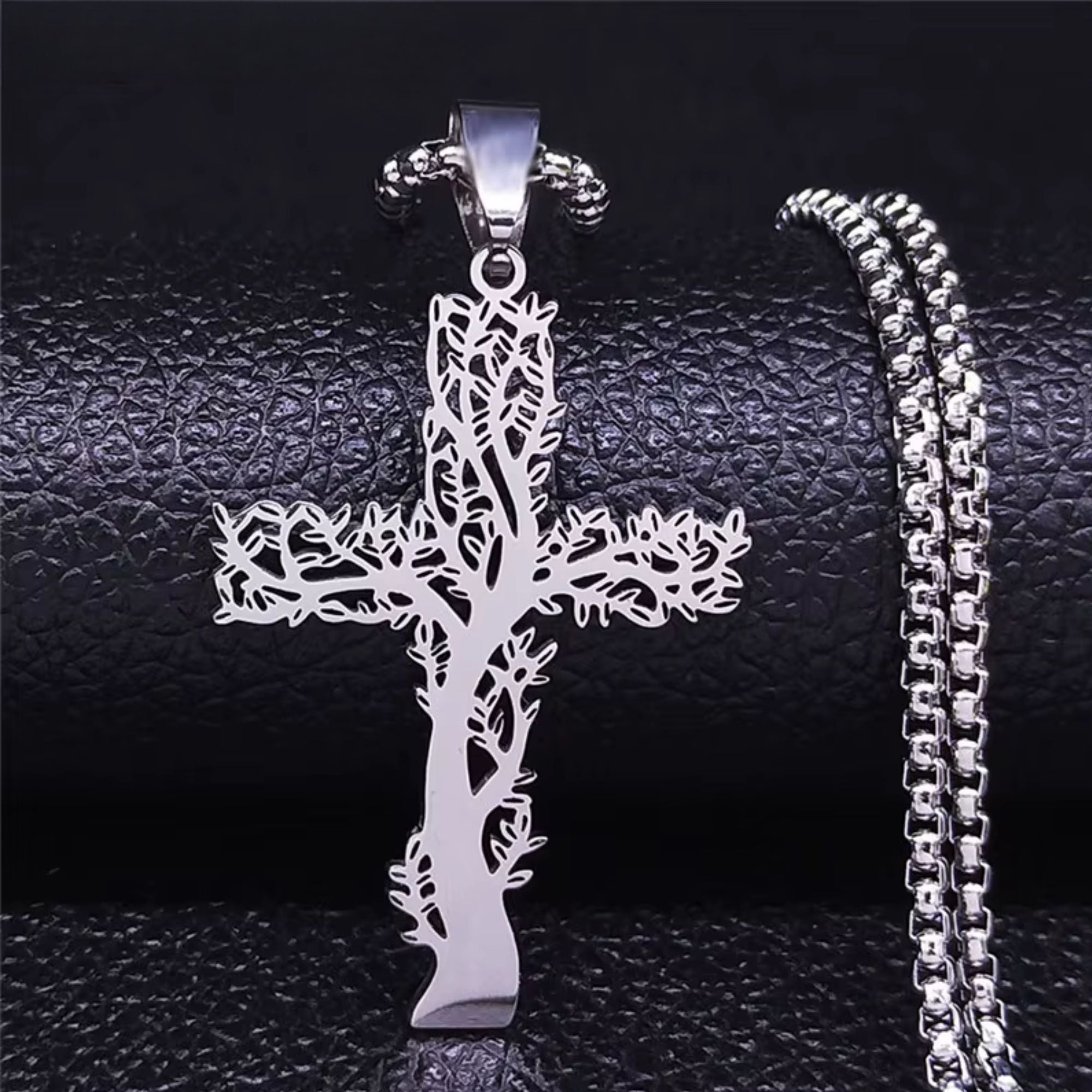 Cut‑Out Tree‑Cross Stainless Steel Pendant