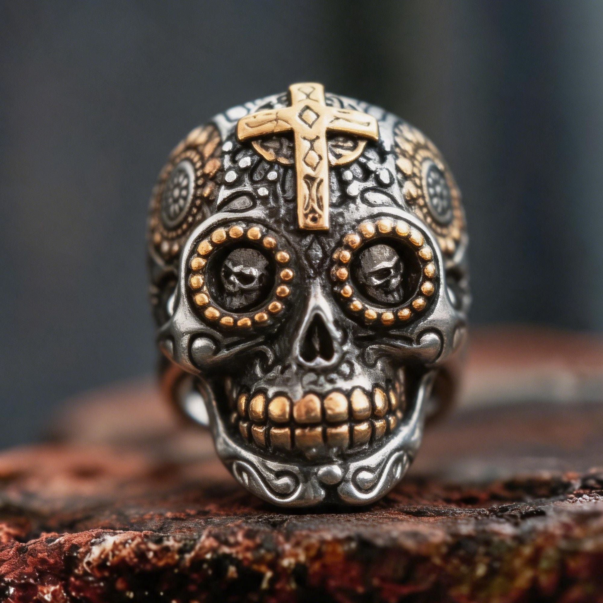 Anello con teschio di zucchero in acciaio inossidabile con croce vintage