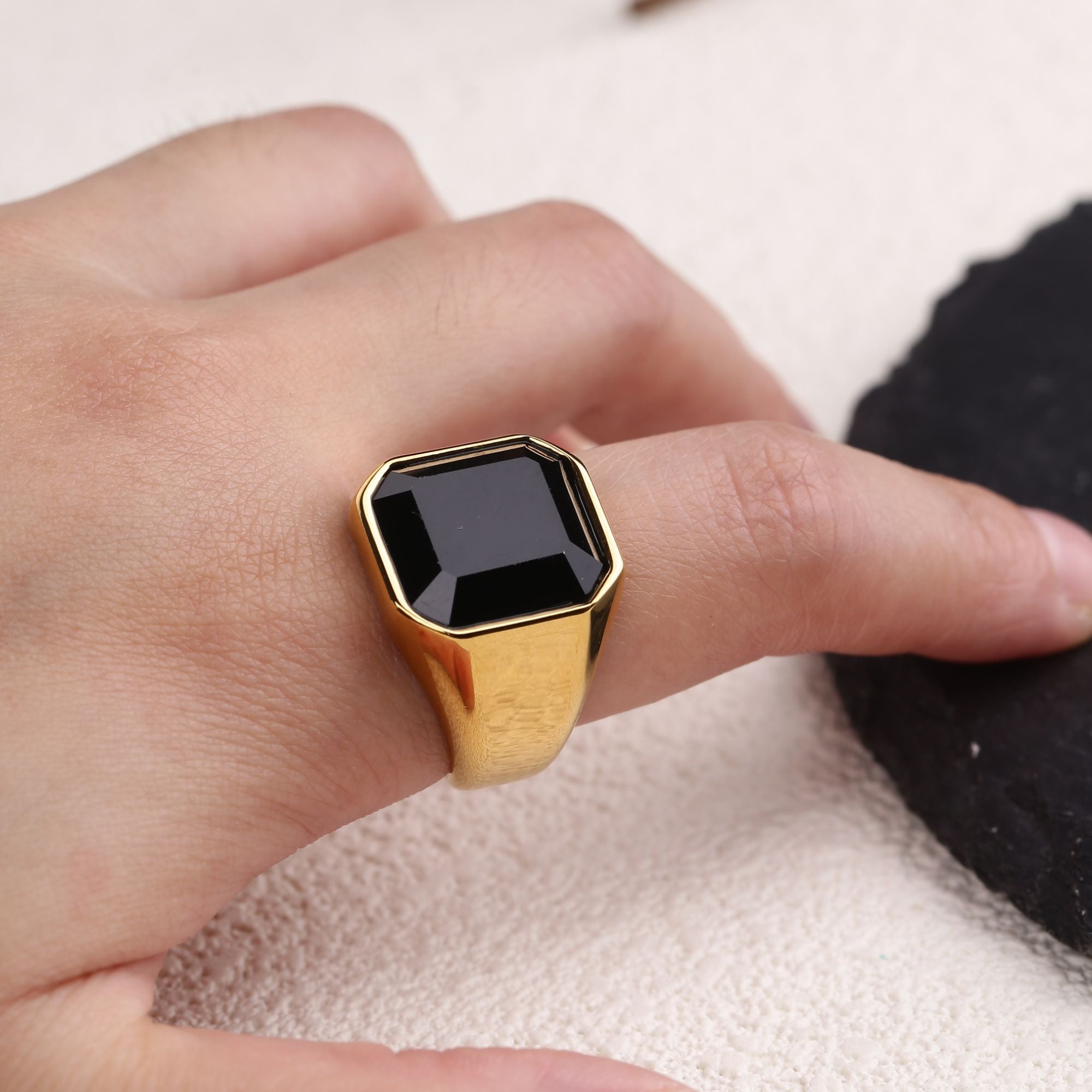 Square Obsidian Stainless Steel Ring
